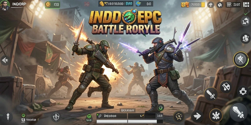 Tangkapan layar utama INDORP menunjukkan aksi intens dalam permainan Battle Royale.