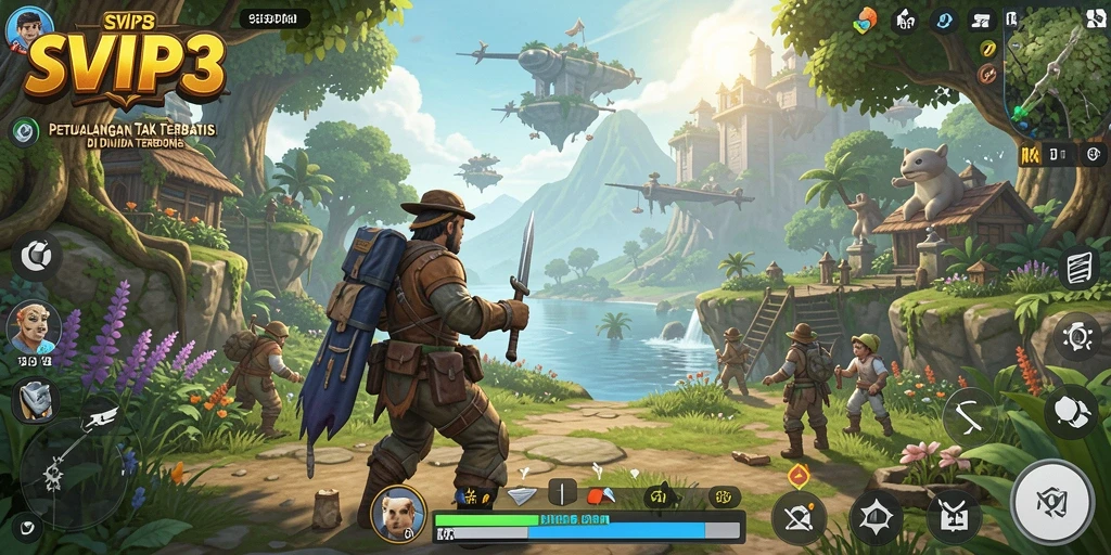 Screenshot gameplay SVIP3 menunjukkan petualangan eksplorasi di dunia terbuka.